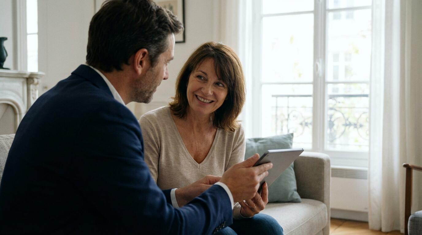 Propriétaire et conseiller regardant ensemble un diagnostic énergétique sur tablette