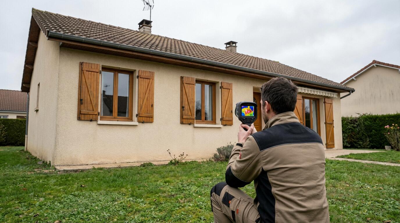 Diagnostiqueur utilisant une caméra thermique infrarouge face à une façade de maison
