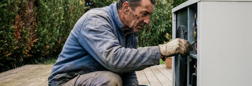 Technicien examinant une unité extérieure de pompe à chaleur air-eau dans un jardin résidentiel