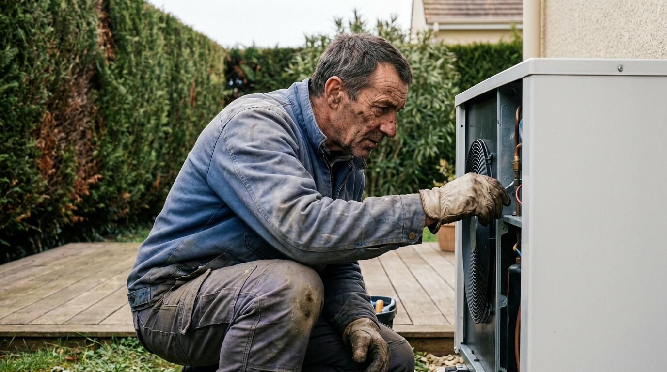 Technicien examinant une unité extérieure de pompe à chaleur air-eau dans un jardin résidentiel