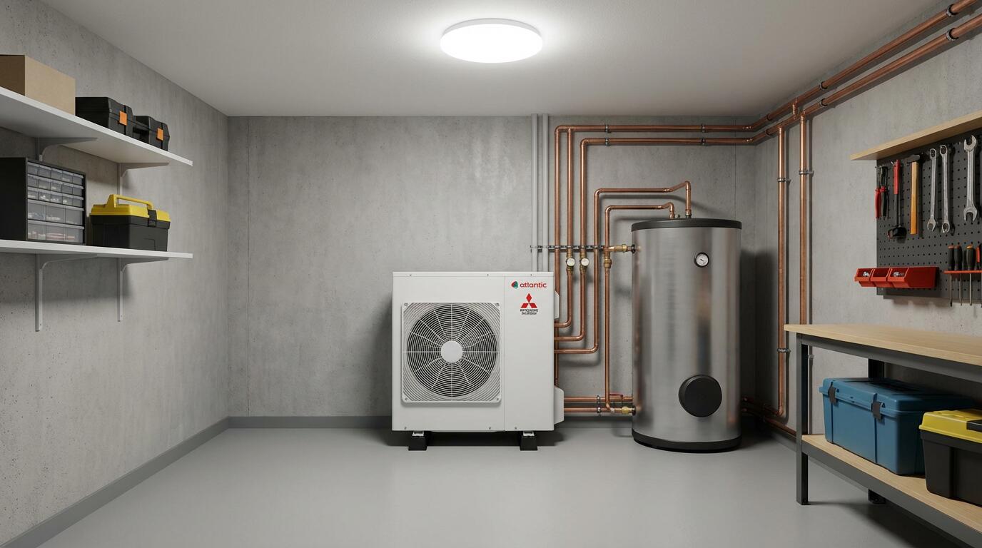 Unité intérieure de pompe à chaleur air-eau installée dans un local technique résidentiel