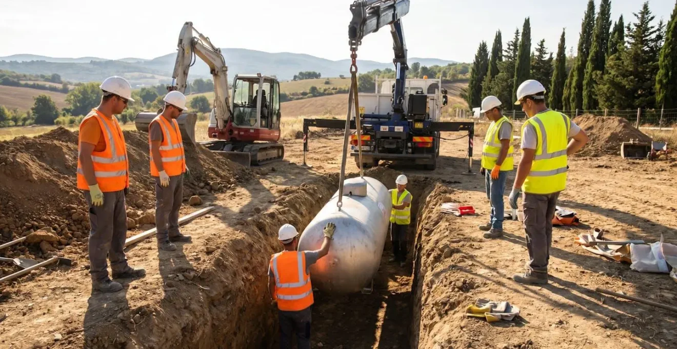 Chantier d'installation d'une citerne gaz enterrée avec terrassement sur un site professionnel